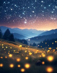 A calm night in a meadow illuminated by fireflies. The background is smoothly blurred with a bokeh effect, accentuating the gentle curves of the landscape.