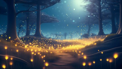 A peaceful night in a meadow where fireflies light up the scene. The background is smoothly blurred with a bokeh effect, emphasizing the gentle curves of the landscape.