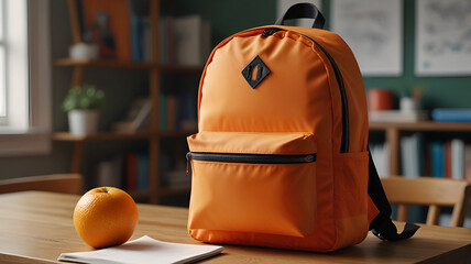 Bright Orange School Backpack on Table. Ai generative.
