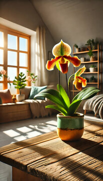 Paphiopedilum Orchid in Decorative Pot on Sunny Windowsill 4k wallpaper