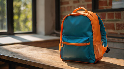 Bright Orange School Backpack on Table. Ai generative.