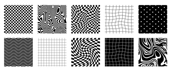 Psychedelic checkerboard seamless pattern set. Retro background with black and white distorted grid, surreal wavy, chessboard and dot. Vector illustration.