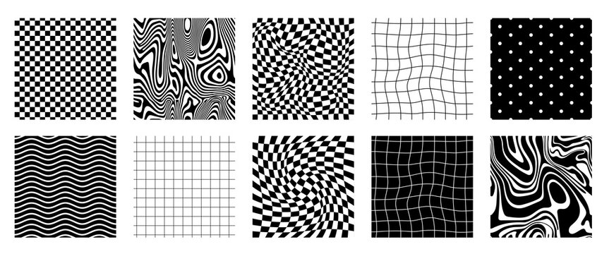 Psychedelic checkerboard seamless pattern set. Retro background with black and white distorted grid, surreal wavy, chessboard and dot. Vector illustration.