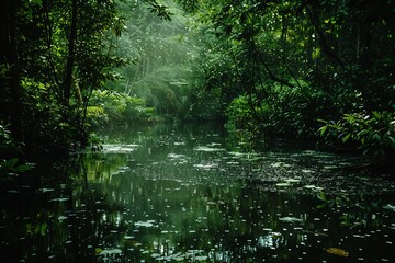 Obraz premium Serene jungle river surrounded by lush greenery and dense forest reflections tranquil nature concept of peaceful environment