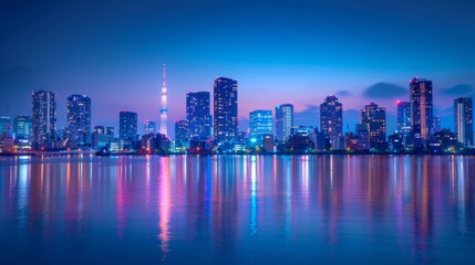 Long Panorama of the City with Glittering Buildings on the River Sid