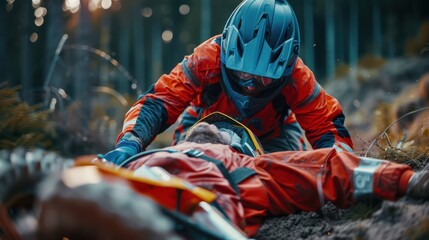 A man in a red jacket is helping another man who is laying on the ground