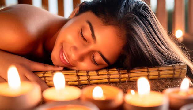 Joven mujer recostada boca abajo en una cama de masaje con velas arom&aacute;ticas alrededor. Mujer en spa