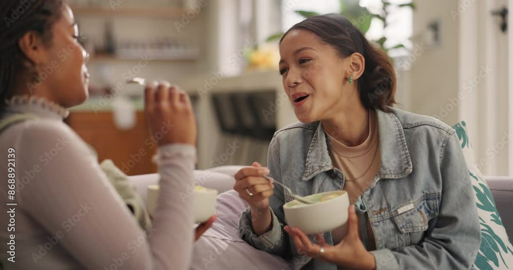 Poster Food, friends and women on sofa for conversation, talking and chatting for social visit in home. Eating, breakfast bowl and happy people on couch for bonding, relax and laugh together in living room