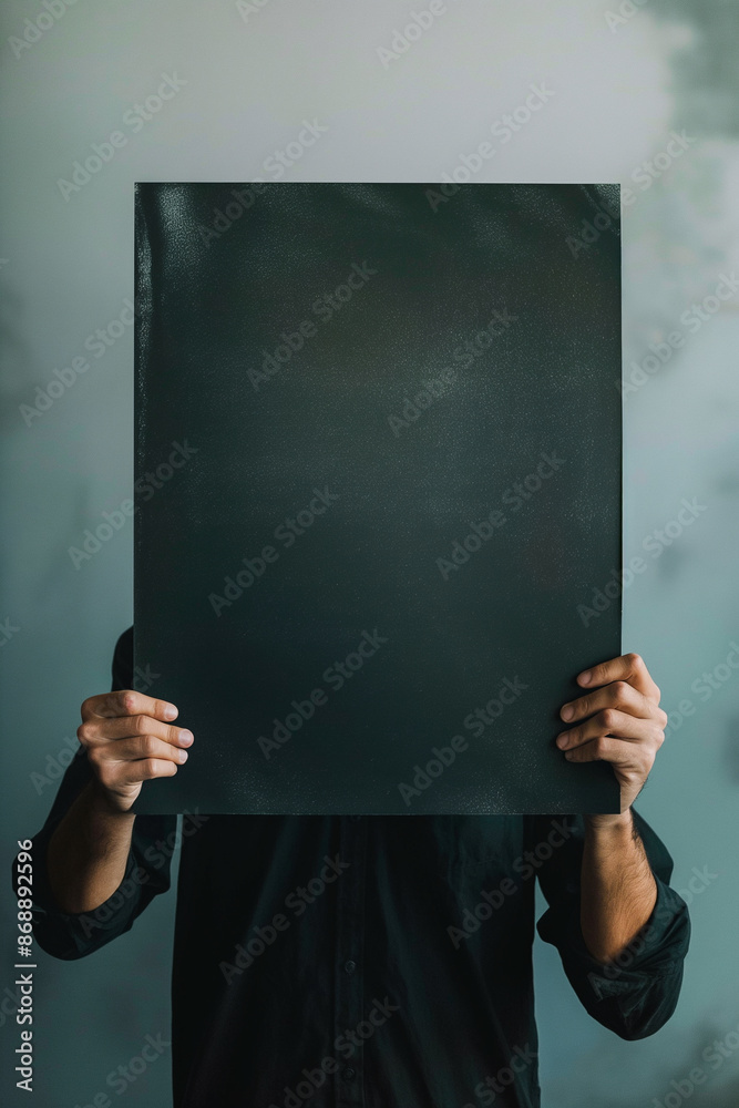 Wall mural a man is holding a black poster with a black background