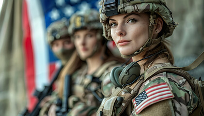 Fototapeta premium Determined Female Soldier with Team and American Flag