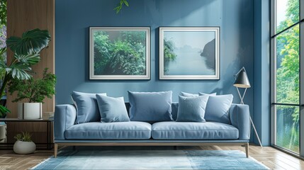 Obraz premium A blue couch is in a room with a blue wall and a window