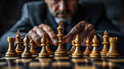 Businessman strategically moving chess pieces in the style of a strategic business plan concept