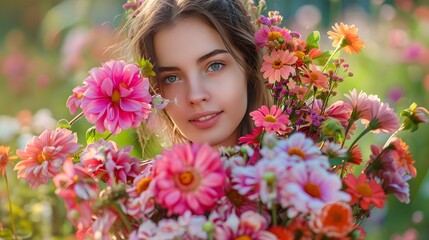 Naklejka premium beautiful young woman with a large bouquet of flowers in the park. 