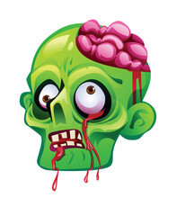 Zombie head with exposed brain and bleeding eyes. Vector cartoon illustration