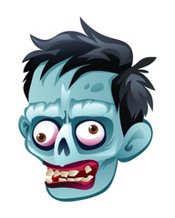 Zombie head with creepy expression. Vector cartoon illustration isolated on white background