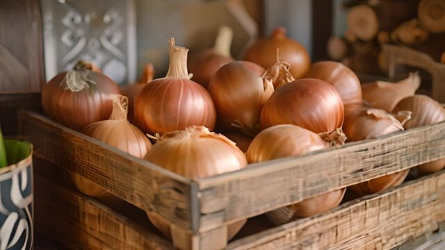 Fresh Onions in Wooden Crate with Ai generated.
