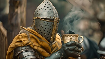 Medieval Knight Drinking Hot Beverage with Ai generated.
