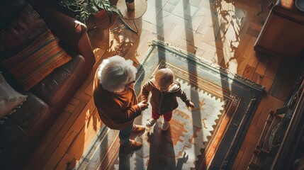 A top view portrait of small girl with grandmother having fun at home. 