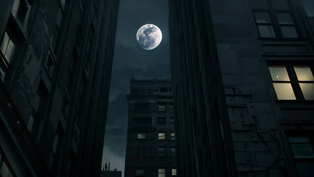 Full moon over city buildings at night with Ai generated.
