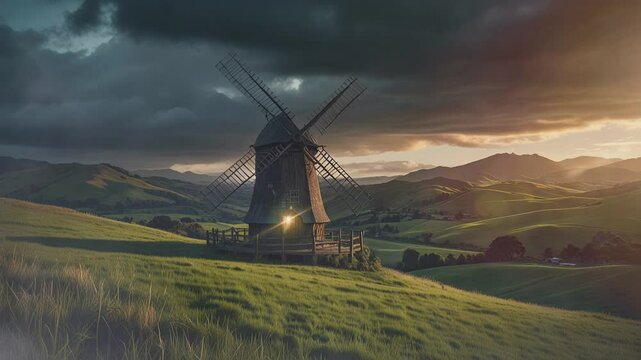There is a windmill in a grassy field. There are hills and mountains in the background. The sky is dark and cloudy with a hint of sunlight peeking through.