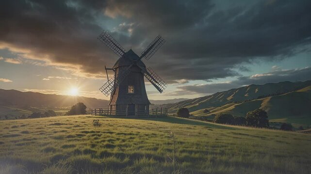A windmill is in a grassy field. The sky is dark and cloudy, with a hint of sunlight at the horizon.