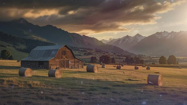 This video shows a barn in a field with hay bales. There are mountains in the distance and the sun is setting.