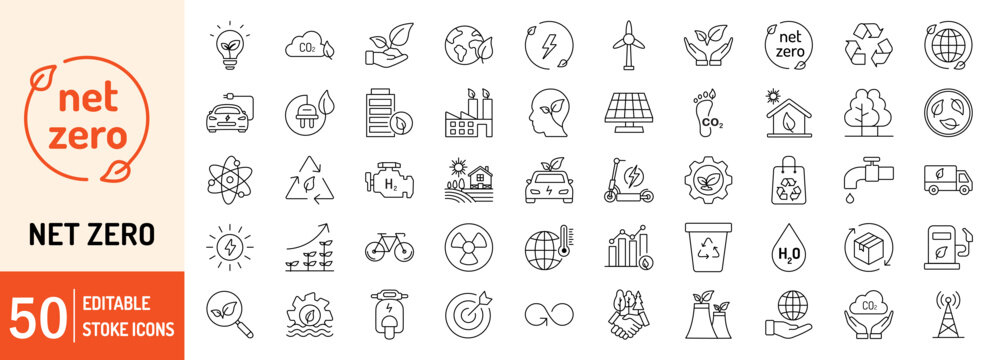 Net Zero editable stroke outline web icons set. Net zero, green, energy, ecology, carbon footprint, CO2, solar energy, wind power and nature. Vector illustration