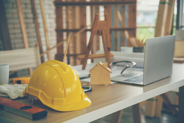 Banner construction engineer office desk architect workplace. Banner engineer draw blueprint...