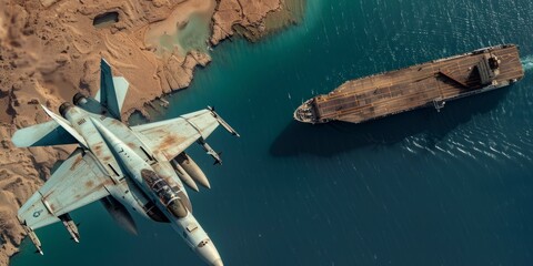 Fighter Jet Flying Over Aircraft Carrier in the Middle East