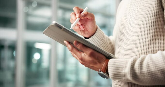 Hands, scroll and tablet at night in office, business and feedback in workplace. Businessman, communication and consultation with technology for review, information and productivity in company