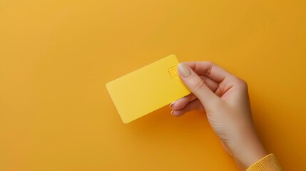 Blank credit card mockup in hand on clean background, shopping in store, transaction at terminal, secure payment, financial services advertising