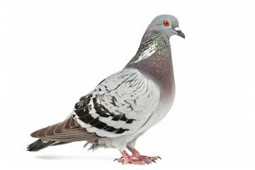 Obraz premium Portrait of a pigeon with grey feathers on a white background, standing in profile.