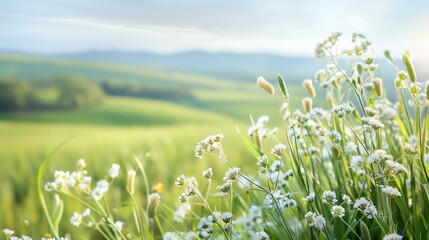 A serene meadow with wildflowers in bloom under a bright sky, capturing the beauty of nature in a vibrant, colorful display.
