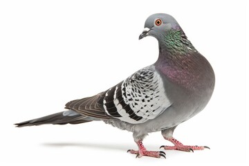 Portrait of a pigeon with grey feathers on a white background, standing in profile.