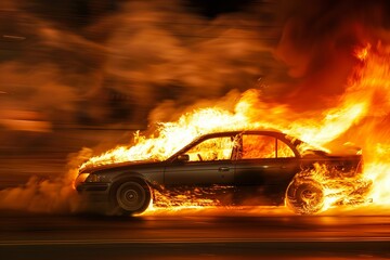 A burning car engulfed in flames on the road