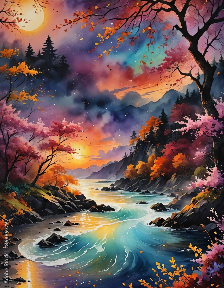 Wall mural A brilliant, vibrantly colored illustration of a sky at sunset over water. 