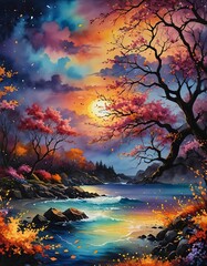 A brilliant, vibrantly colored illustration of a sky at sunset over water. 