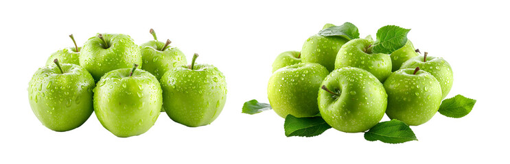 Obraz premium Two groups of green apples with water droplets