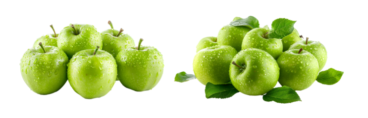 Two groups of green apples with water droplets