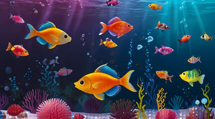 Naklejka premium Beautiful Colorful Orbeez Aquarium Full of Fish