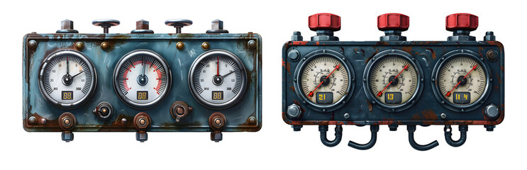 Two panels of gauges with digital readouts on a rusty, blue metal background
