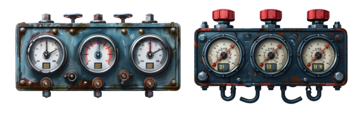 Two panels of gauges with digital readouts on a rusty, blue metal background