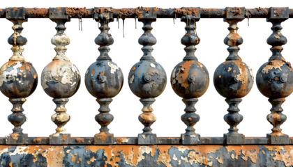 A close-up of a weathered metal fence with peeling paint