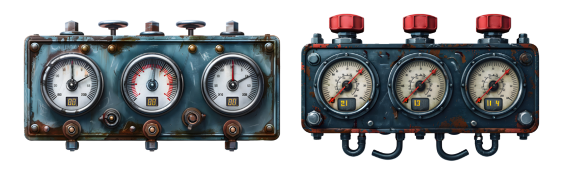 Two panels of gauges with digital readouts on a rusty, blue metal background