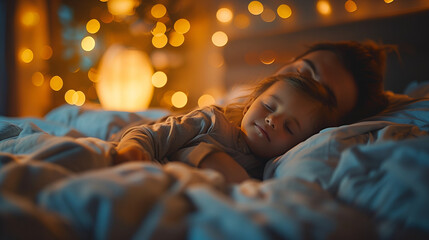 parent and child sleeping on bed