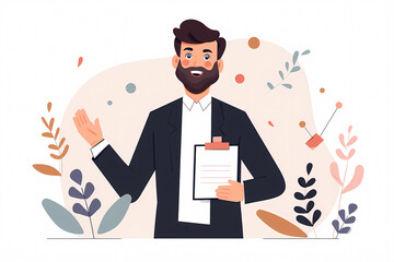 A smiling bearded man in a suit holds a clipboard and gestures with his hand. He is surrounded by stylized floral elements.