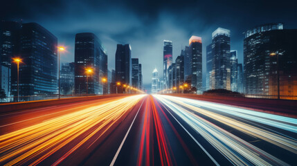 Nighttime Urban Cityscape Illuminated with Vibrant and Dynamic Light Trails from Fast-Moving Traffic on a Bustling Highway Leading Towards the Modern Skyline