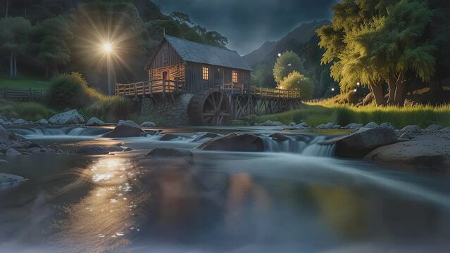 There is a mill beside a river in a valley. The mill is made of wood and has a water wheel. The river is wide and has many rocks in it. There is a forest on the other side of the river. The sky is dar