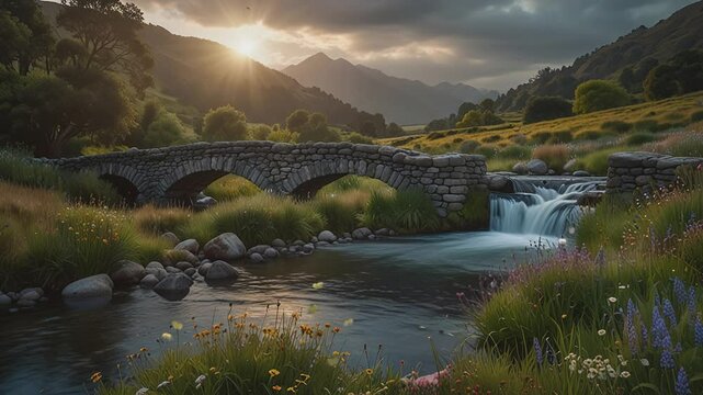 There is a stone bridge over a river in a valley. There is a waterfall next to the bridge. The sky is cloudy and the sun is shining through the clouds. There is green vegetation on the banks of the ri