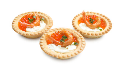 Delicious canapes with shrimps, red caviar and cream cheese isolated on white